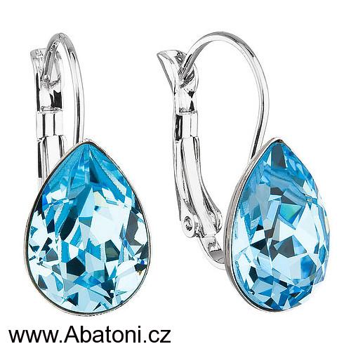 Swarovski Elements Pear vlepený krystal 14mm - Rhodiované náušnice visací modré slzičky, kapky 31242.3 Aquamarine (modrá světlá, azurová, nebeská)