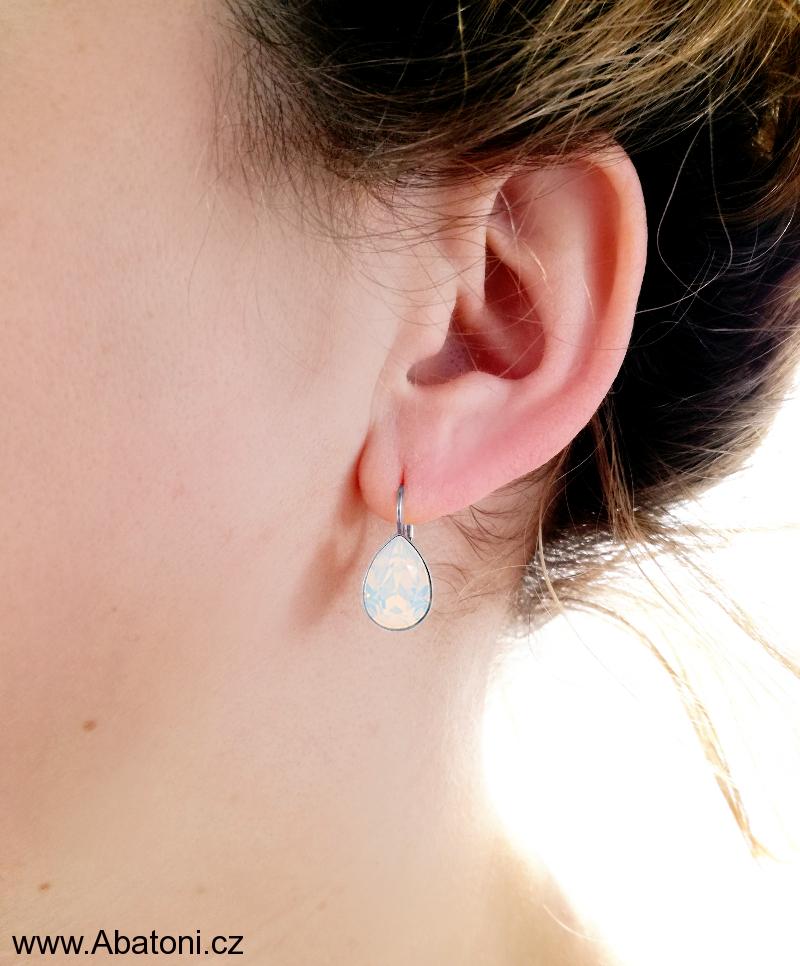 Swarovski Elements Pear vlepený krystal 2x10mm - Stříbrné náušnice visací bimbací bílé dvojité slzičky, kapky 54035.3 White Opal (bílá mléčná, vintage)
