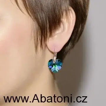 Swarovski Elements Heart krystal 14mm - Stříbrné náušnice visací zelené srdce, srdíčka 31137.3 Peridot (zelená světlá) 