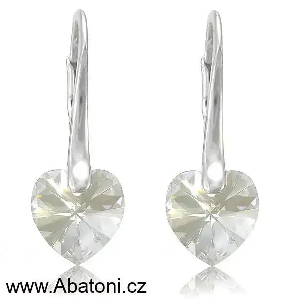 Swarovski Elements Heart krystal 14mm - Stříbrné náušnice visací bílé srdce, srdíčka 31315.3 Moonlight (bílá, čirá, křišťálová, měsíční stříbrno zlatá, duhová)