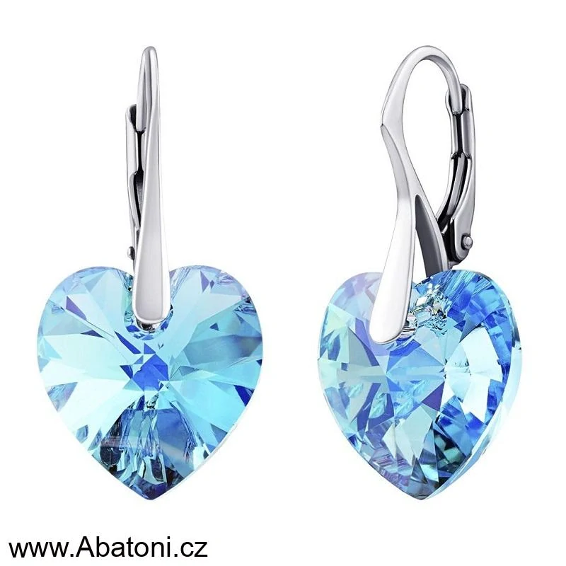 Swarovski Elements Heart krystal 10mm - Stříbrné náušnice visací modré srdce, srdíčka 31012.4 Aquamarine (modrá světlá, azurová, nebeská)