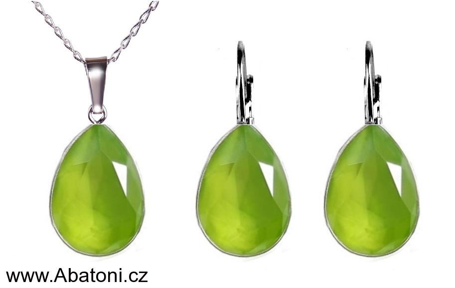 Swarovski Elements Pear vlepený krystal 14mm - Stříbrná sada (set, souprava) náušnice a přívěsek s řetízkem zelená slzička, kapka 39143.3 Lime (zelená světlá, limetková, zelenkavá)