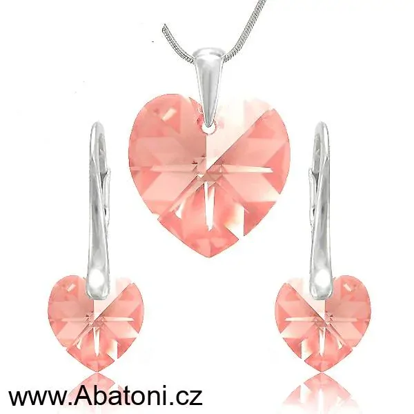 Swarovski Elements Heart krystal 14+10mm - Stříbrná sada (set, souprava) náušnice a přívěsek s řetízkem růžové srdce, srdíčko 39003.4 Light Rose (růžová světlá)