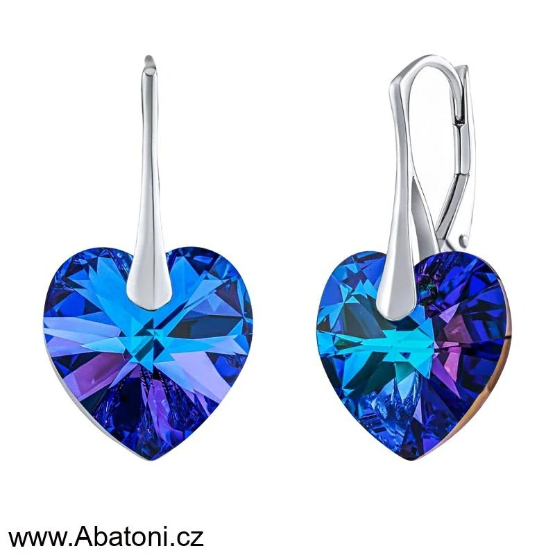 Swarovski Elements Heart krystal 18mm - Stříbrné náušnice visací fialové srdce, srdíčka 31125.9 Heliotrope (fialová, modrá, duhová)