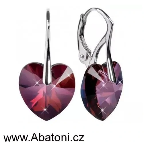 Swarovski Elements Heart krystal 10mm - Stříbrné náušnice visací fialové srdce, srdíčka 31125.9 Amethyst (fialová, bordó, vínová)