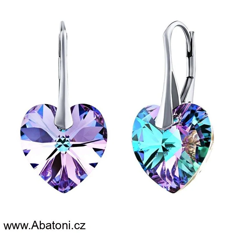 Swarovski Elements Heart krystal 10mm - Stříbrné náušnice visací fialové srdce, srdíčka 31012.5 Vitrail Light (růžová, fialová, tyrkysová, duhová)