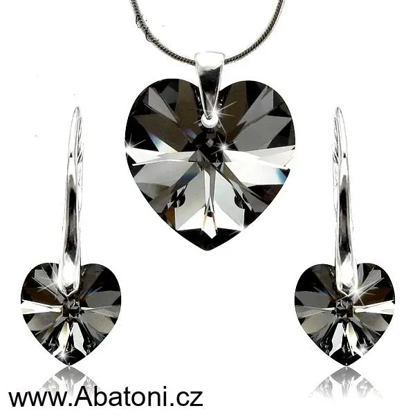 Swarovski Elements Heart krystal 18+14mm - Stříbrná sada (set, souprava) náušnice a přívěsek s řetízkem černo šedé srdce, srdíčko 39003.4 Silver Night (černá, šedá, duhová)