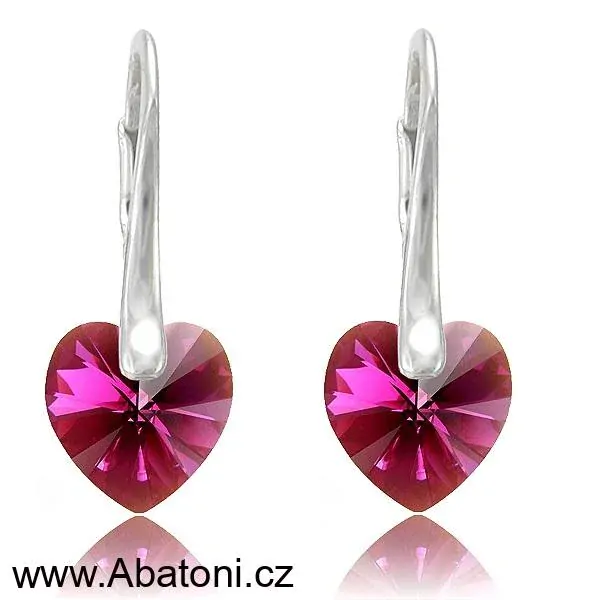Swarovski Elements Heart krystal 10mm - Stříbrné náušnice visací růžové srdce, srdíčka 31012.4 Fuchsia (růžová tmavá, fuchsiová)