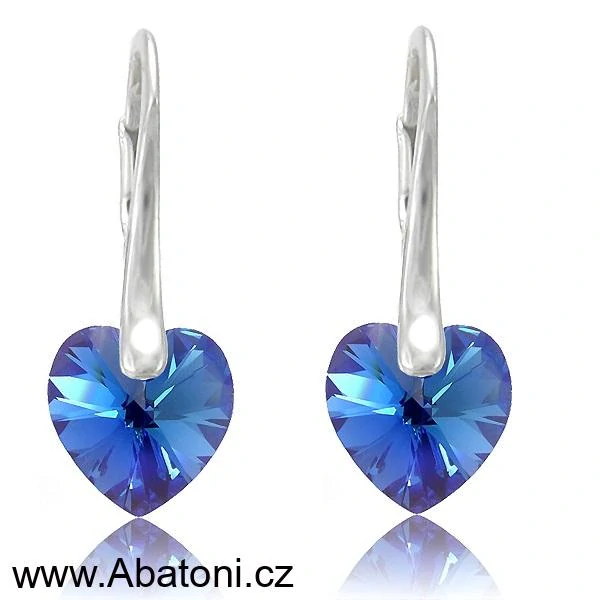 Swarovski Elements Heart krystal 10mm - Stříbrné náušnice visací modré srdce, srdíčka 31012.4 Sapphire (modrá královská)