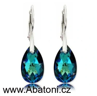 Swarovski Elements Pear krystal 16mm - Stříbrné náušnice visací modrá slza, kapky 31215.5 Bermuda Blue (modrá, mořská, duhová, měňavá)