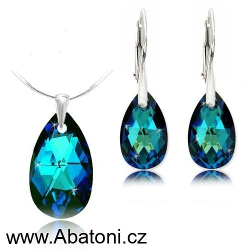 Swarovski Elements Pear krystal 22+16mm - Stříbrná sada (set, souprava) náušnice a přívěsek s řetízkem modrá slza, kapka 39169.4 Bermuda Blue (modrá, mořská, duhová, měňavá)