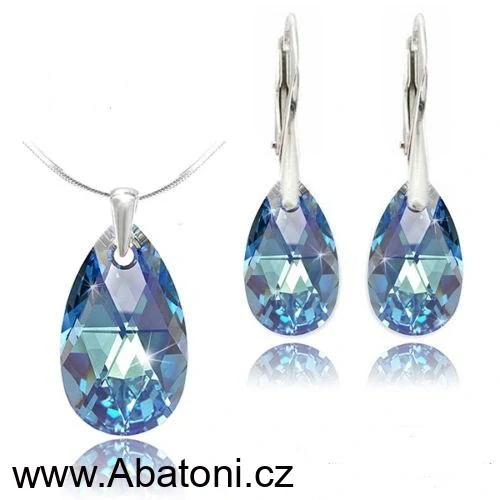 Swarovski Elements Pear krystal 22+16mm - Stříbrná sada (set, souprava) náušnice a přívěsek s řetízkem modrá slza, kapka 39169.4 Aquamarine (modrá světlá, azurová, nebeská)