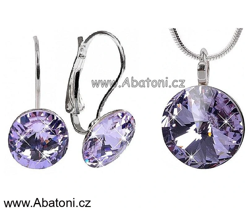 Swarovski Elements Rivoli vlepený krystal 14+12mm - Stříbrná sada (set, souprava) náušnice a přívěsek s řetízkem fialové kulaté 39352.3 Violet (fialová velmi světlá, lila)
