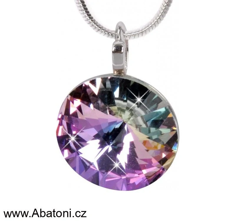 Swarovski Elements Rivoli vlepený krystal 14mm - Stříbrný náhrdelník (přívěsek + řetízek) fialový kulatý 34112.5 Vitrail Light (růžová, fialová, tyrkysová, duhová)