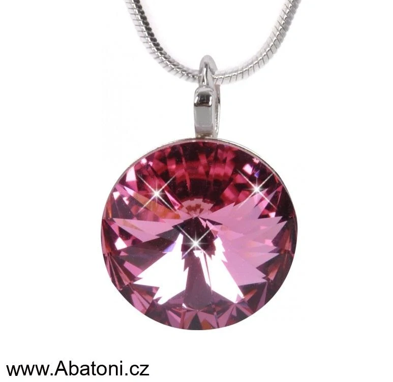 Swarovski Elements Rivoli vlepený krystal 14mm - Stříbrný náhrdelník (přívěsek + řetízek) růžový kulatý 34112.3 Rose (růžová)