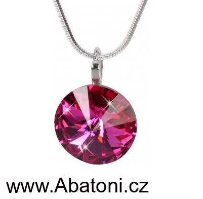 Swarovski Elements Rivoli vlepený krystal 14mm - Stříbrný náhrdelník (přívěsek + řetízek) růžový kulatý 34112.3 Fuchsia (růžová tmavá, fuchsiová)