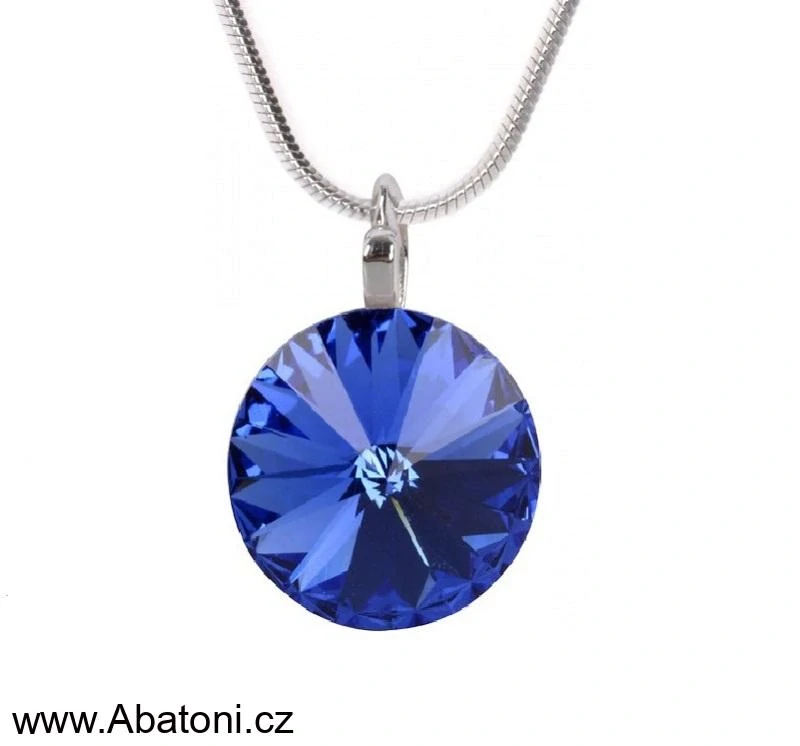 Swarovski Elements Rivoli vlepený krystal 14mm - Stříbrný náhrdelník (přívěsek + řetízek) modrý kulatý 54001.3 Sapphire (modrá královská)