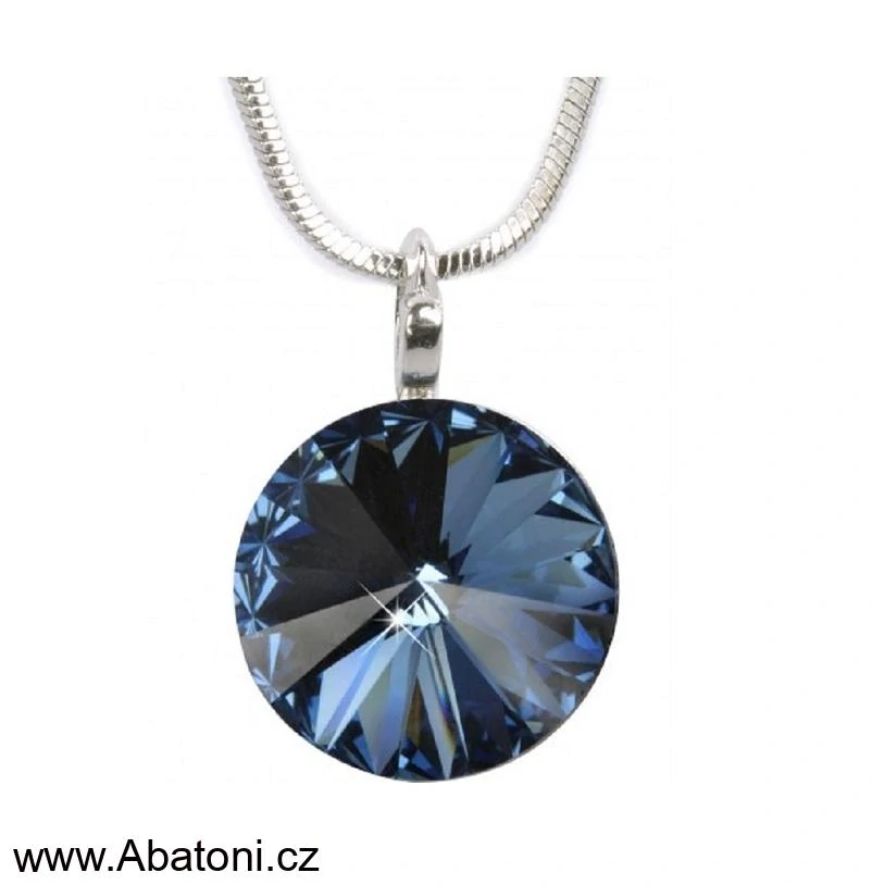 Swarovski Elements Rivoli vlepený krystal 14mm - Stříbrný náhrdelník (přívěsek + řetízek) modrý kulatý 34112.3 Denim Blue (modrá tmavá, riflová, džínová)