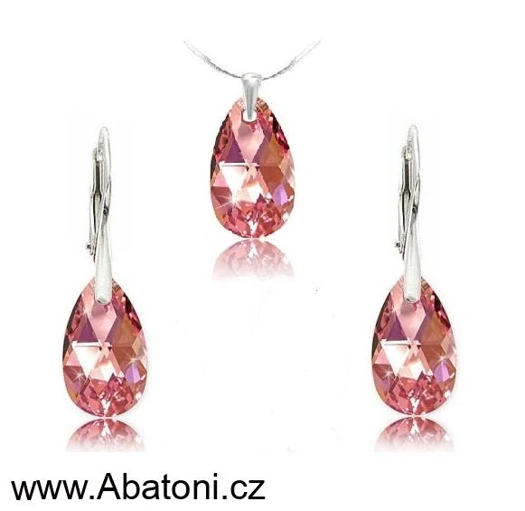 Swarovski Elements Pear krystal 16+16mm - Stříbrná sada (set, souprava) náušnice a přívěsek s řetízkem růžová slzička, kapka 39167.3 Light Rose (růžová světlá)
