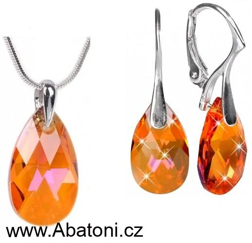 Swarovski Elements Pear krystal 22+16mm - Stříbrná sada (set, souprava) náušnice a přívěsek s řetízkem oranžová zlatá slza, kapka 39169.4 Astral Pink (oranžová, oranžovo růžová)