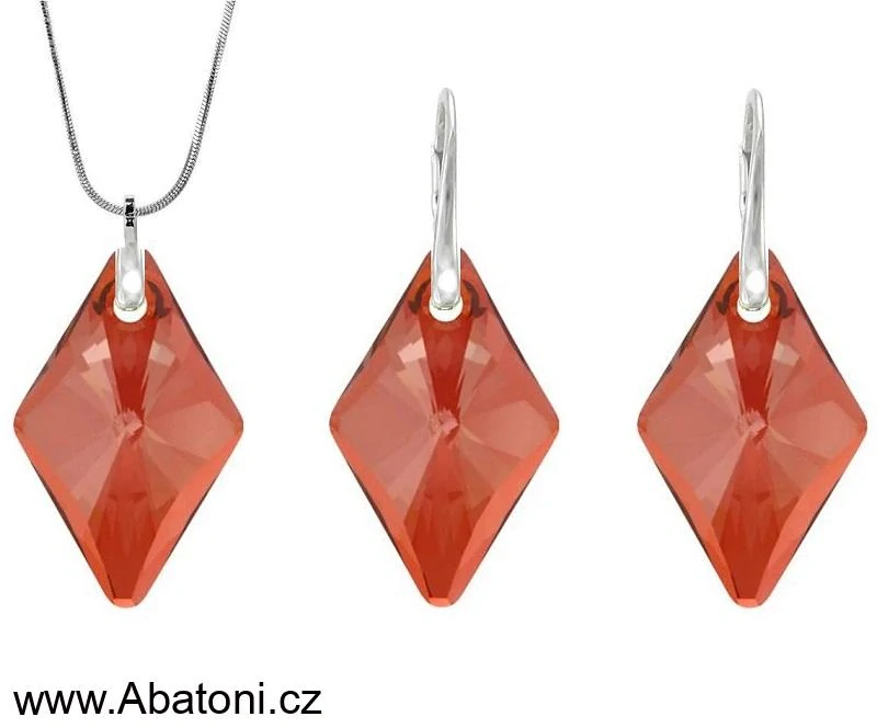 Swarovski Elements Rhombus krystal XXL 27mm - Stříbrná sada (set, souprava) náušnice a přívěsek s řetízkem červeno oranžový kosočtverec 39126.3 Red Magma (červená, oranžová, ohnivá, bordó)