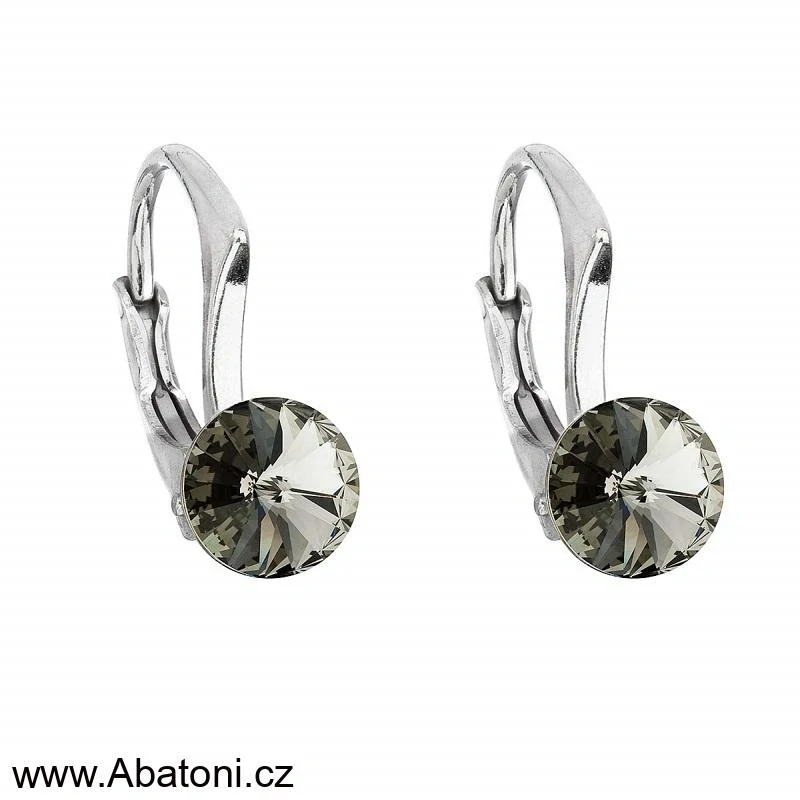 Swarovski Elements Rivoli vlepený krystal 8mm - Dětské Stříbrné náušnice visací šedé kulaté 31230.3 Black Diamond (šedá, černá, kouřová)