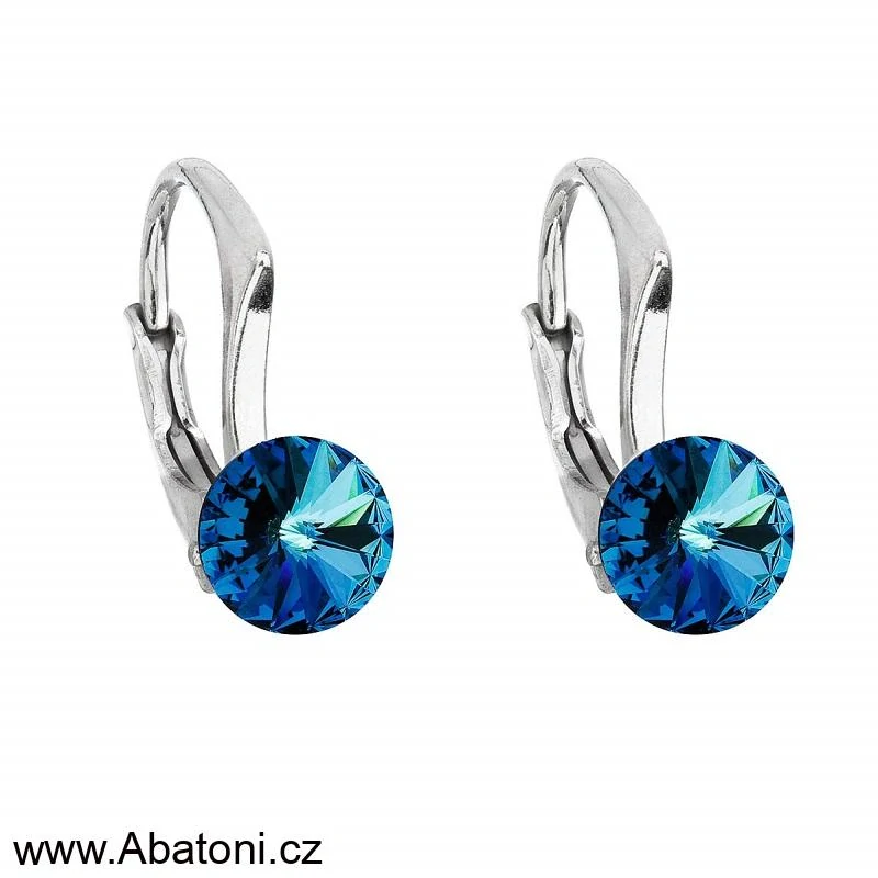Swarovski Elements Rivoli vlepený krystal 8mm - Dětské Stříbrné náušnice visací modré kulaté 31230.5 Bermuda Blue (modrá, mořská, duhová, měňavá)
