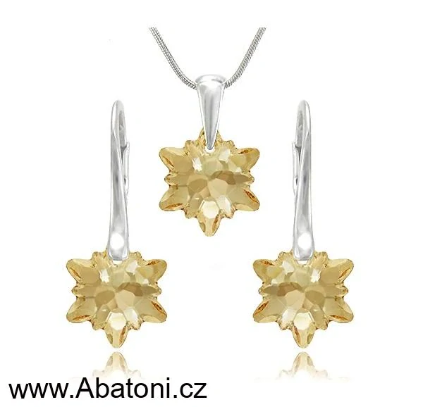 Swarovski Elements Edelweiss Snowflake krystal 14mm - Stříbrná sada (set, souprava) náušnice a přívěsek s řetízkem zlatá vločka, protěž, kytička 34221.1 Golden Shadow (zlatá, světlá jantarová, zlatobéžová)