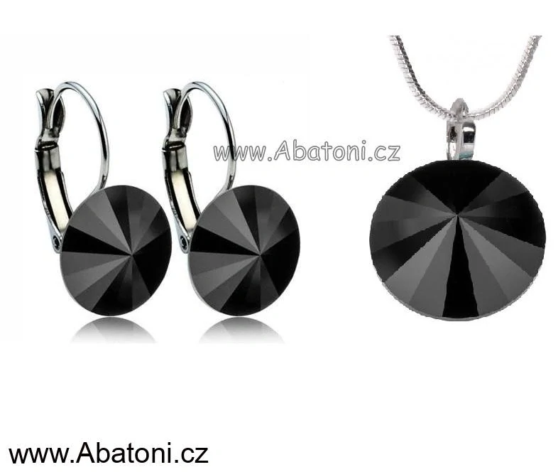 Swarovski Elements Rivoli vlepený krystal 14+12mm - Stříbrná sada (set, souprava) náušnice a přívěsek s řetízkem černé kulaté 39140.5 Jet (černá)