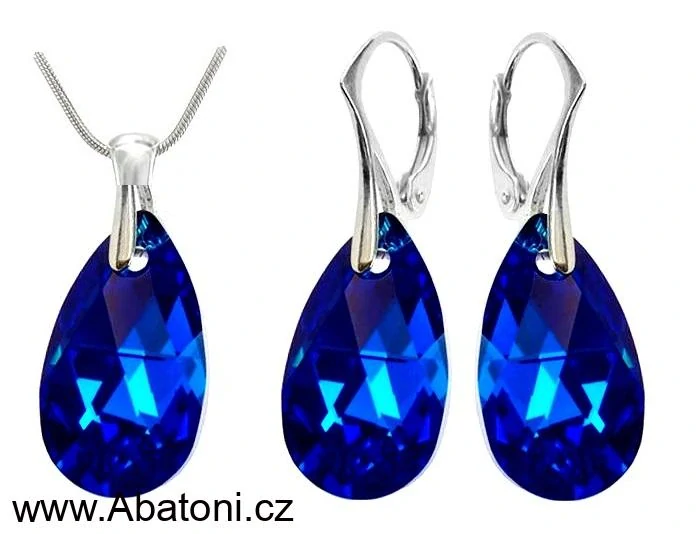 Swarovski Elements Pear krystal 22+22mm - Stříbrná sada (set, souprava) náušnice a přívěsek s řetízkem modrá slza, kapka 39169.4 Majestic Blue (modrá královská)
