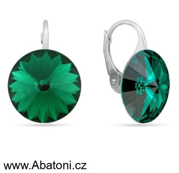 Swarovski Elements Rivoli vlepený krystal 14mm - Stříbrné náušnice visací zelené kulaté 31106.3 Emerald (zelená tmavá, smaragdová, brčálová)