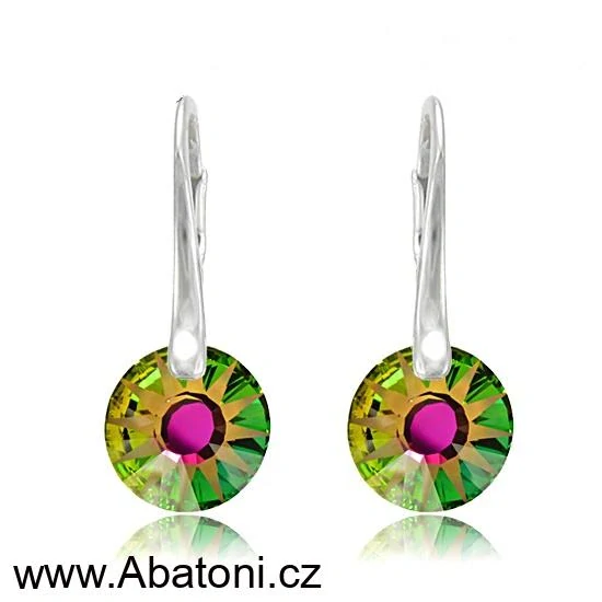 Swarovski Elements Sun krystal 12mm - Stříbrné náušnice visací zelené kulaté sluníčko 31215.5 Vitrail Medium (zeleno-růžová duhová)