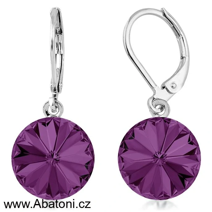 Swarovski Elements Rivoli vlepený krystal 12mm - Ocelové náušnice visací bimbací fialové kulaté 51078.3 Amethyst (fialová, bordó, vínová)