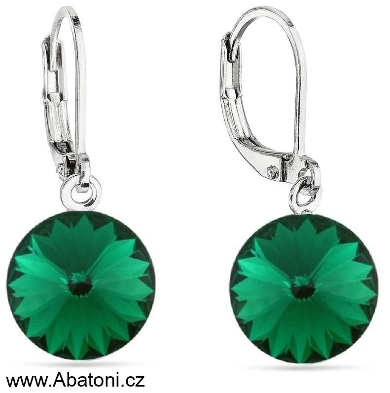 Swarovski Elements Rivoli vlepený krystal 12mm - Ocelové náušnice visací bimbací zelené kulaté 31106.3 Emerald (zelená tmavá, smaragdová, brčálová)