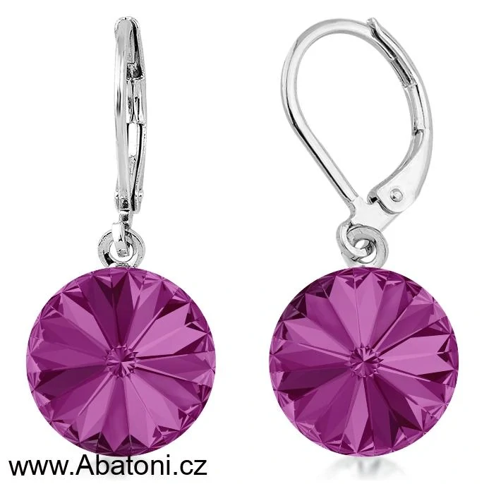 Swarovski Elements Rivoli vlepený krystal 12mm - Ocelové náušnice visací bimbací růžové kulaté 31106.3 Fuchsia (růžová tmavá, fuchsiová)