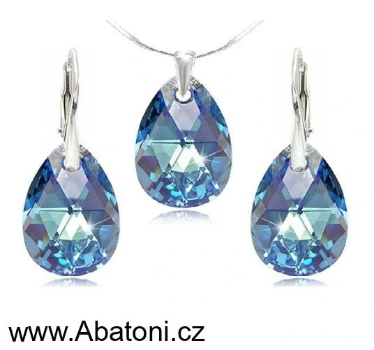Swarovski Elements Mini Pear krystal 12+12mm - Stříbrná sada (set, souprava) náušnice a přívěsek s řetízkem modrá slza, kapka 39169.4 Aquamarine (modrá světlá, azurová, nebeská)