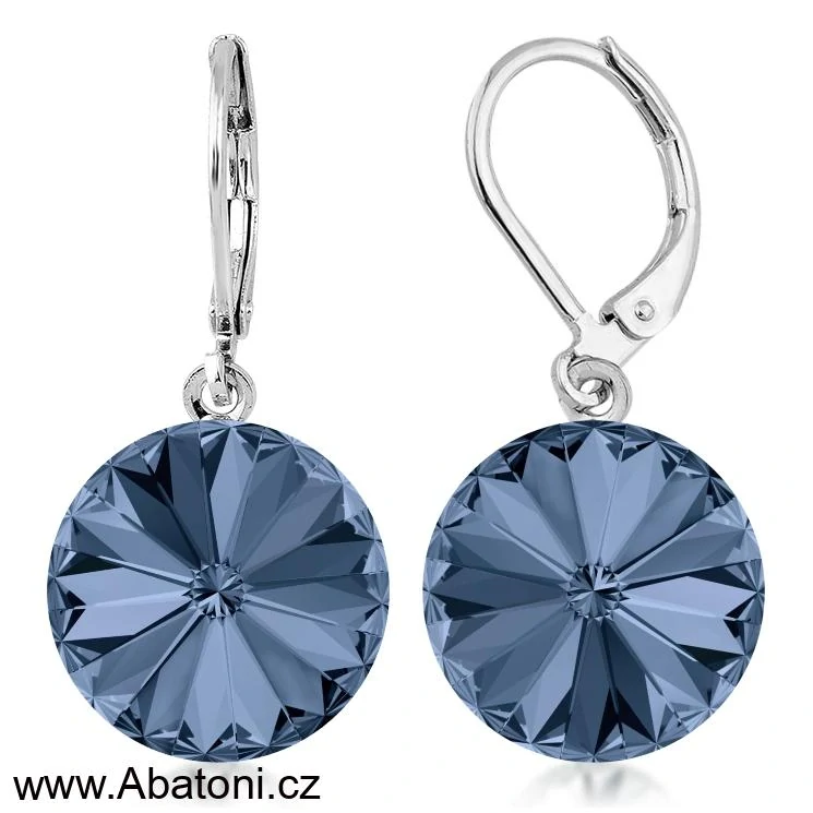Swarovski Elements Rivoli vlepený krystal 12mm - Ocelové náušnice visací bimbací modré kulaté 31106.5 Montana Blue (modrá tmavá, indigo, kobaltová)