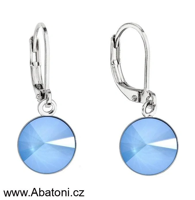 Swarovski Elements Rivoli vlepený krystal 12mm - Ocelové náušnice visací bimbací modré kulaté 31106.5 Summer Blue (modrá mléčná, světlá azurová)