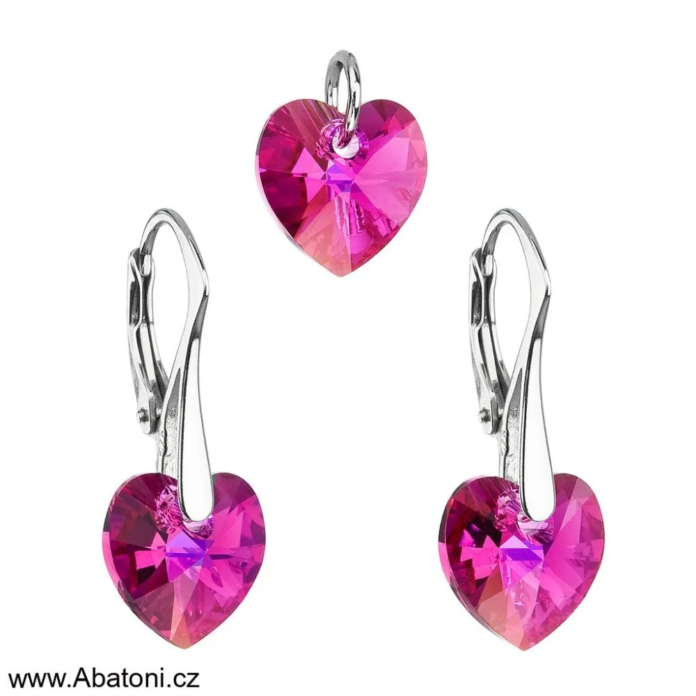 Sada šperků s krystaly Swarovski náušnice a přívěsek růžová srdce 39003.4 Heart krystal Fuchsia (růžová tmavá, fuchsiová)