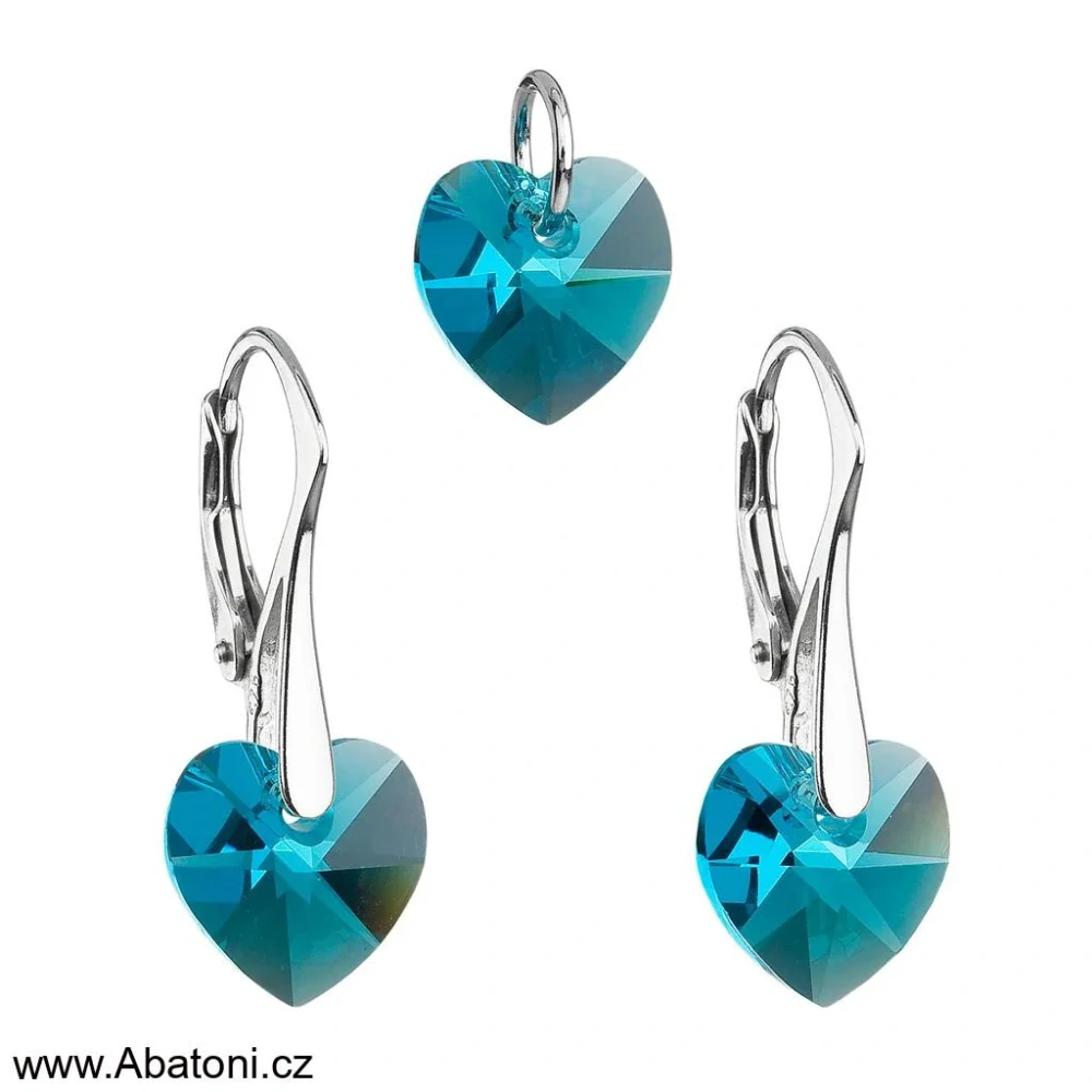 Sada šperků s krystaly Swarovski náušnice a přívěsek modrá srdce 39003.3 Heart krystal Blue Zircon (modrozelená, tmavá tyrkysová)
