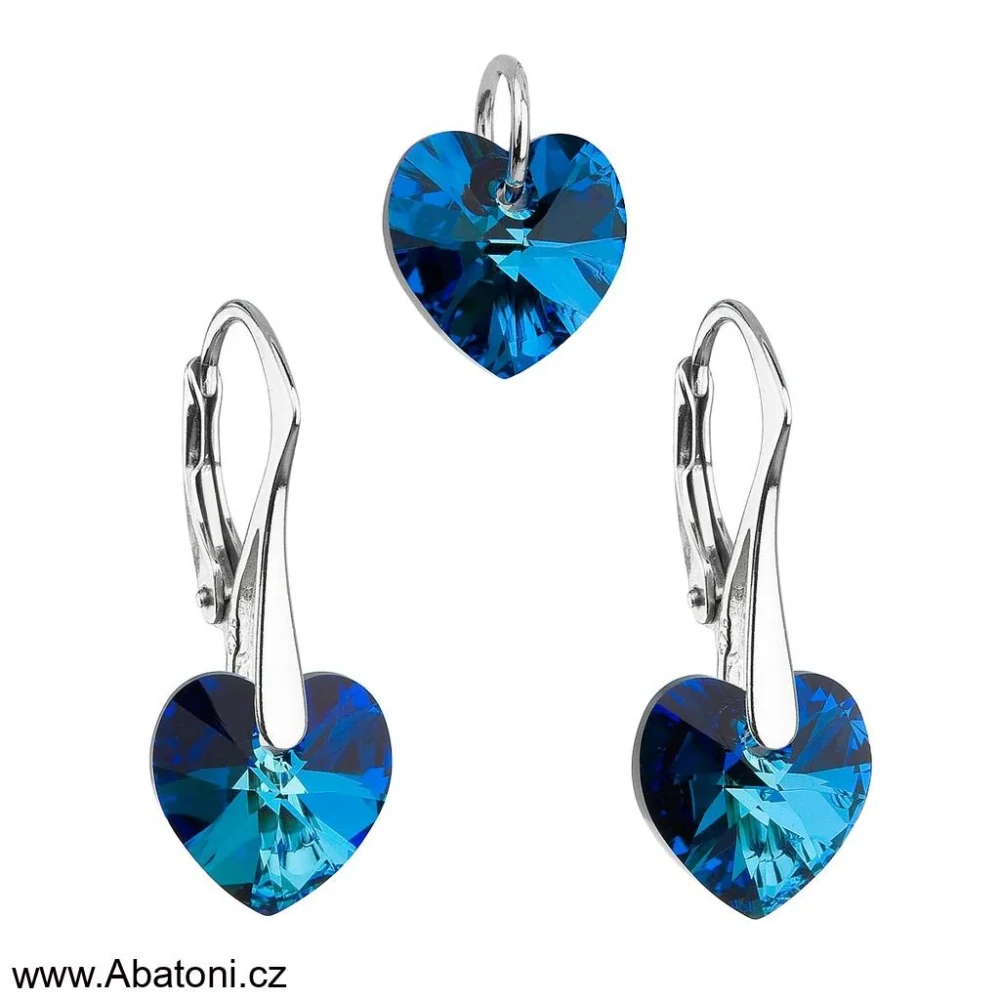 Sada šperků s krystaly Swarovski náušnice a přívěsek modrá srdce 39003.5 Heart krystal Bermuda Blue (modrá, mořská, duhová)