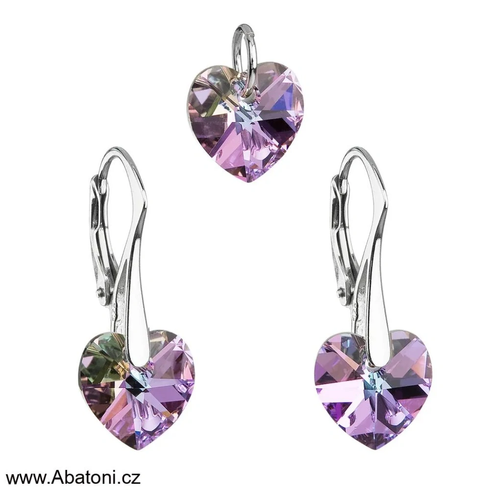 Sada šperků s krystaly Swarovski náušnice a přívěsek fialová srdce 39003.5 Heart krystal Vitrail Light (růžová, fialová, tyrkysová, duhová)