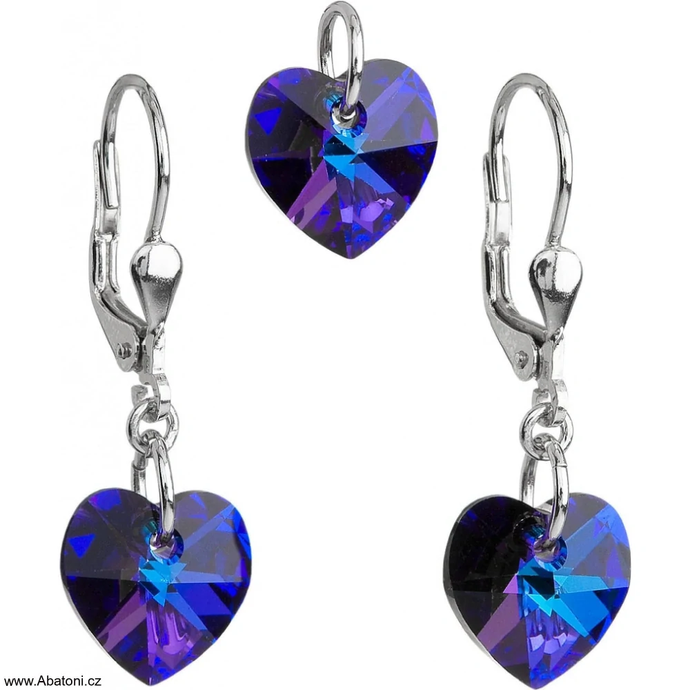 Sada šperků s krystaly Swarovski náušnice a přívěsek fialovo modrá srdce 39003.5 Heart krystal visací bimbací Heliotrope (fialová, modrá, duhová)