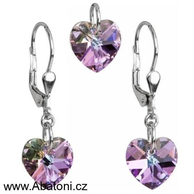 Sada šperků s krystaly Swarovski náušnice a přívěsek fialová srdce 39003.5 Heart krystal visací bimbací Vitrail Light (růžová, fialová, tyrkysová, duhová)