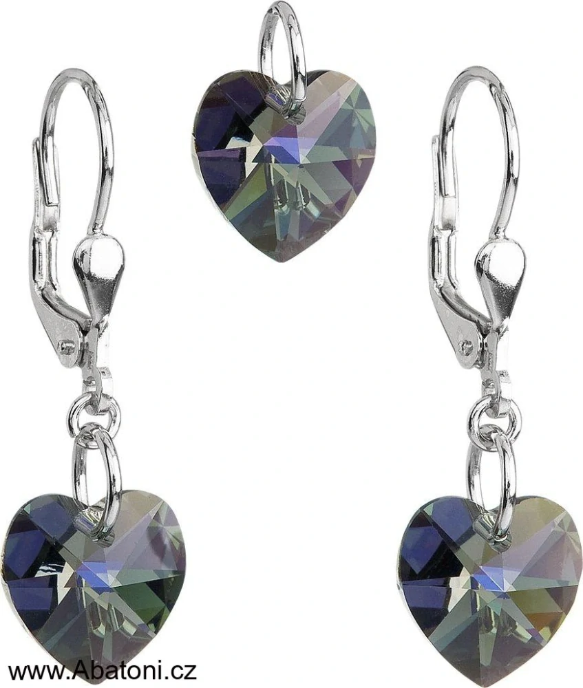 Sada šperků s krystaly Swarovski náušnice a přívěsek šedo černá srdce 39003.4 Heart krystal visací bimbací Silver Night (černá, šedá, duhová)