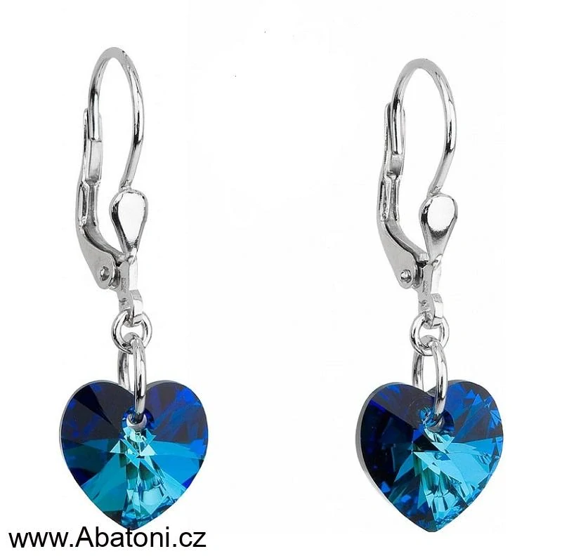 Swarovski Elements Heart krystal 10mm - Stříbrné náušnice visací bimbací modré srdce, srdíčka 31012.4 Bermuda Blue (modrá, mořská, duhová, měňavá)