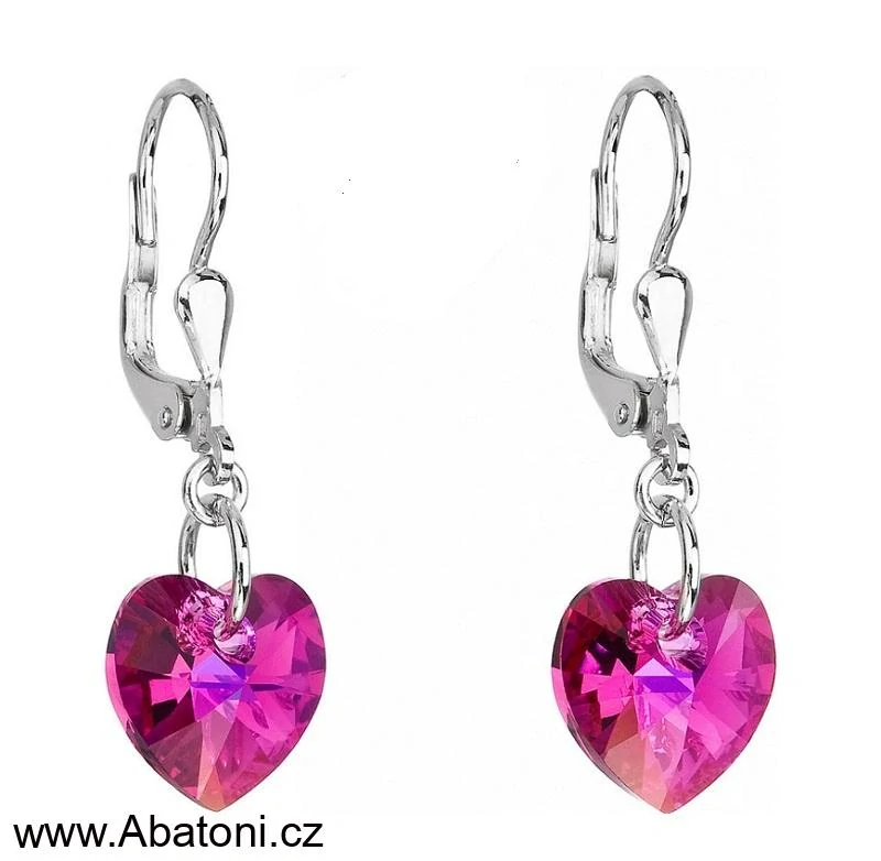 Swarovski Elements Heart krystal 10mm - Stříbrné náušnice visací bimbací růžové srdce, srdíčka 31012.4 Fuchsia (růžová tmavá, fuchsiová)