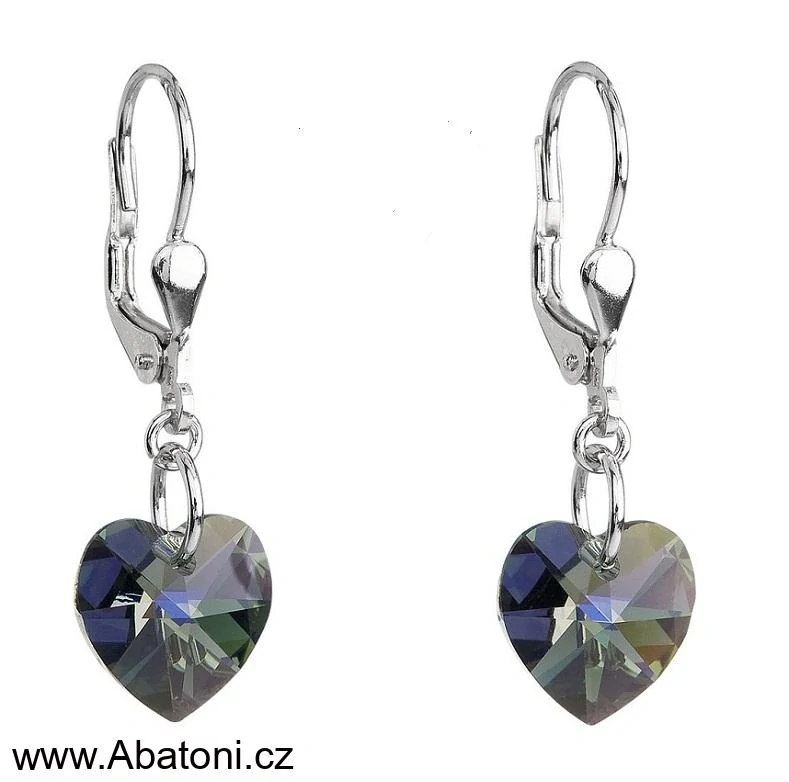 Swarovski Elements Heart krystal 10mm - Stříbrné náušnice visací bimbací černo šedé srdce, srdíčka 39003.4 Silver Night (černá, šedá, duhová)