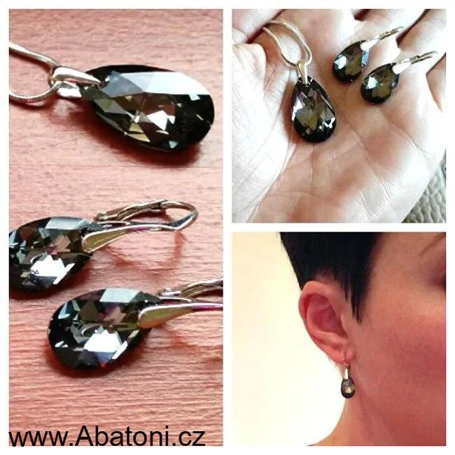 Swarovski Elements Pear krystal 16mm - Stříbrné náušnice visací šedo černá slza, kapky 71161.3 Silver Night (černá, šedá, duhová) 