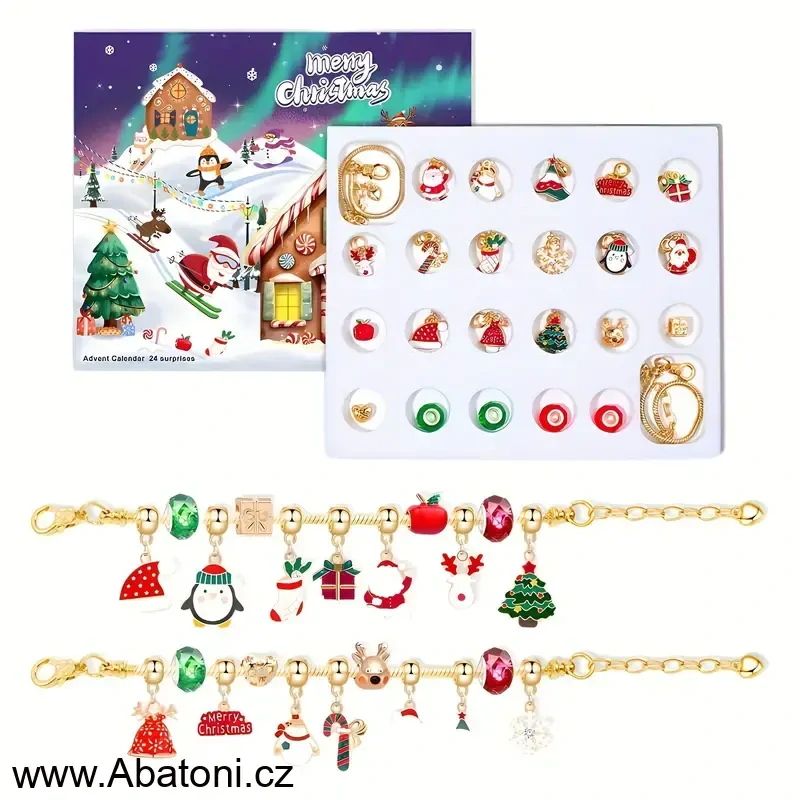 Abatoni Vánoční Adventní kalendář se 2 náramky a 22 přívěsky - barva zlatá, červená a zelená (sada pro výrobu náramků)